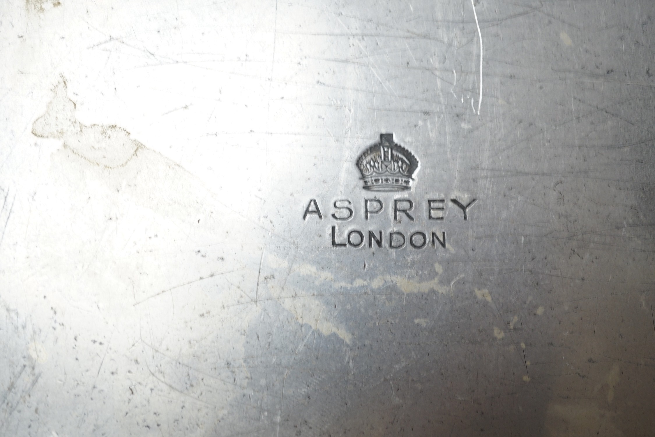 An Asprey spirit burner stand, serial number 19417, 47cm long